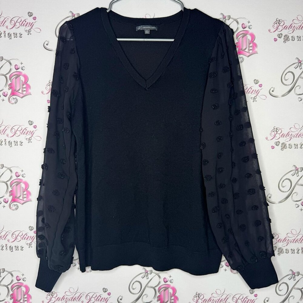 Adrianna papell long sleeve black Pom pom polka dot arms mesh stunning blouse